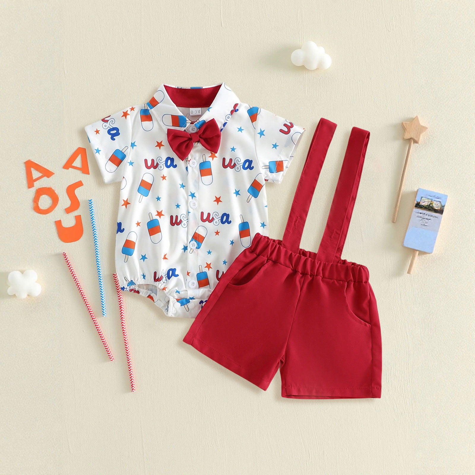 Wxirdiow Toddler Suits Toddler Baby Boy 4th of Outfits Gentleman Short Sleeve Button Down Romper Shirt Dress Shorts Fourth of July Clothes Set White Size,0-3 Months