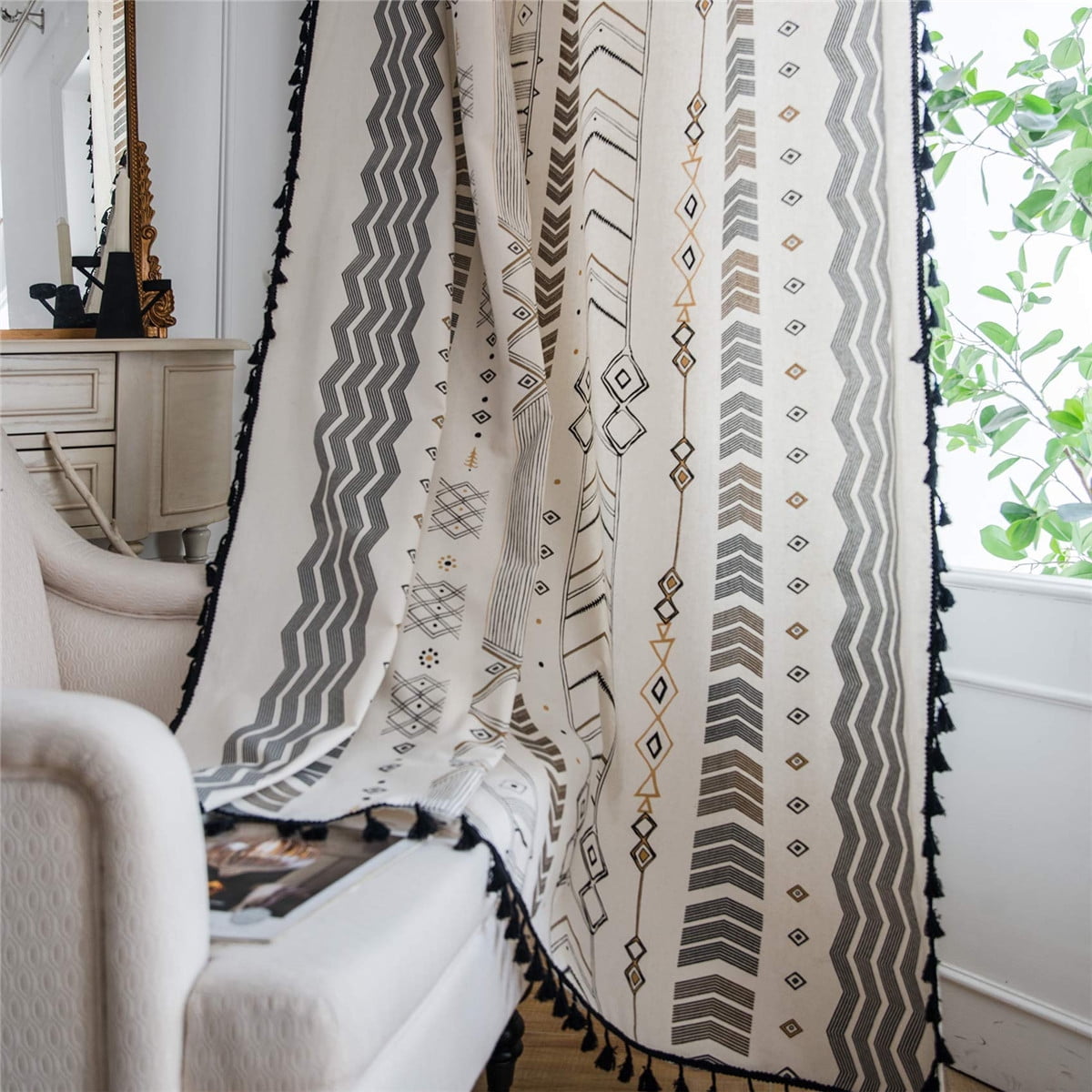 Semi Blackout Bohemian Style Cotton Linen Curtain with Tassel for Bedroom 1Piece 