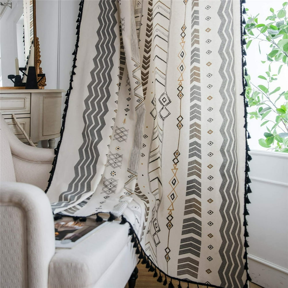 Boho Curtains for Bedroom Bohemian Tassels Curtains Cotton Linen(01)