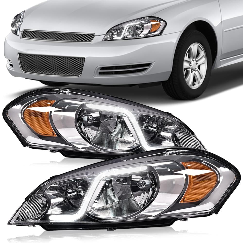 PIT66 LED Headlight Headlamp Clear Lens Chrome Housing Amber Reflector Fit for 06-07 Chevy Monte Carlo/06-13 Chevy Impala/14-16 Chevrolet Impala DRL Assembly Accessories