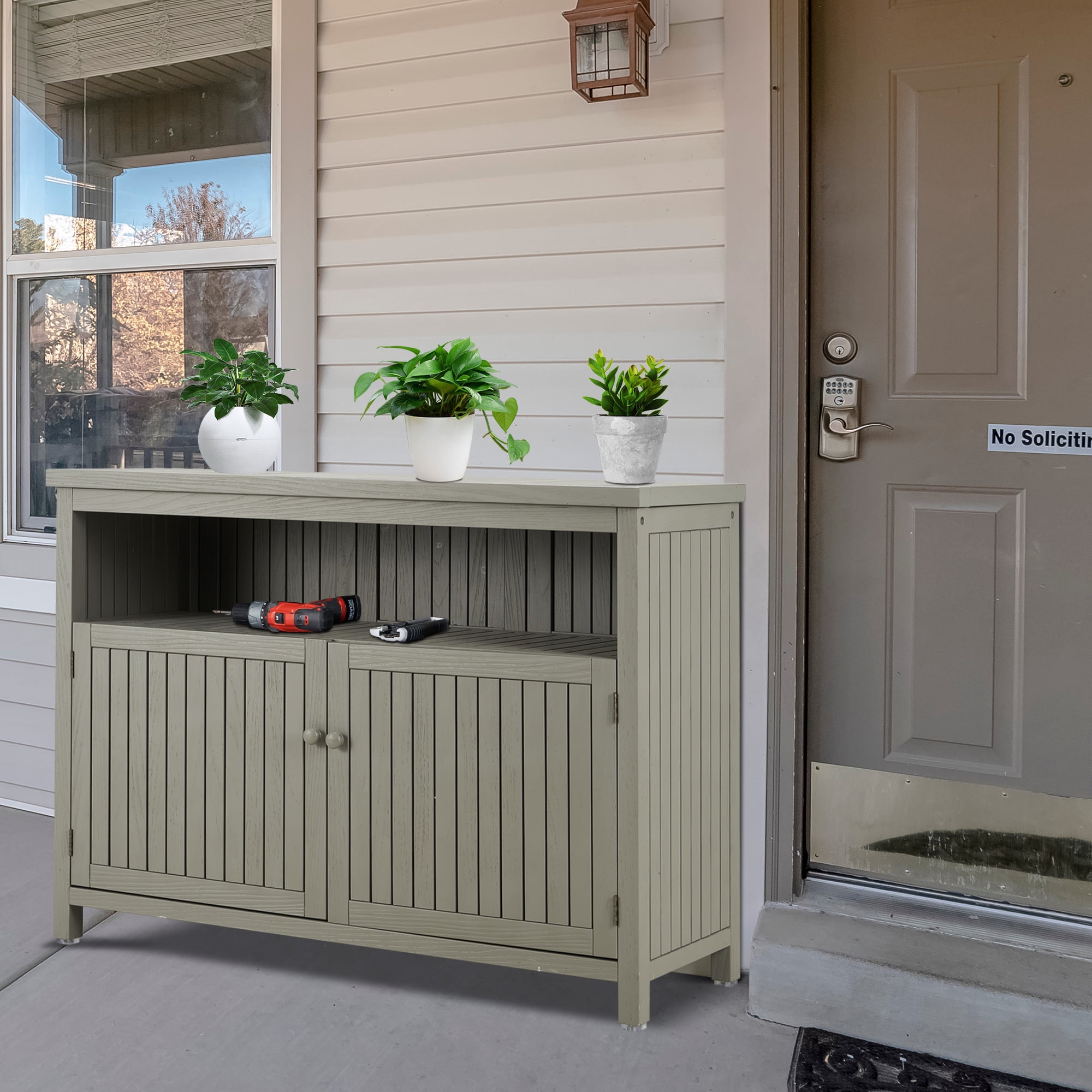 Outdoor Console Sideboards Buffet Cabinet, Solid Wood Storage Cabinet TV Stand,Furniture for Patio Entryway Deck(Grayish Green)