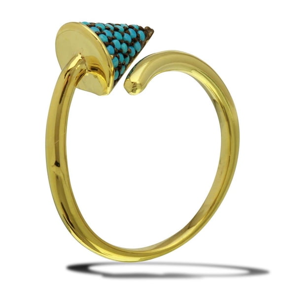 Gold Plated 925 Sterling Silver Cone Ring Simulated Turquoise Beads Blue CZ Female Size 7