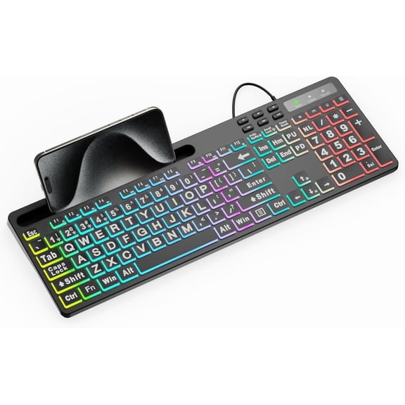 Wired Large Print Computer Keyboard, MARVO Backlit Keyboards with 7 Colors & 11 Modes Backlight, Tablet Phone Holder and Quiet Light Up Keys, Full-Size Gaming Keyboard for Windows, Mac