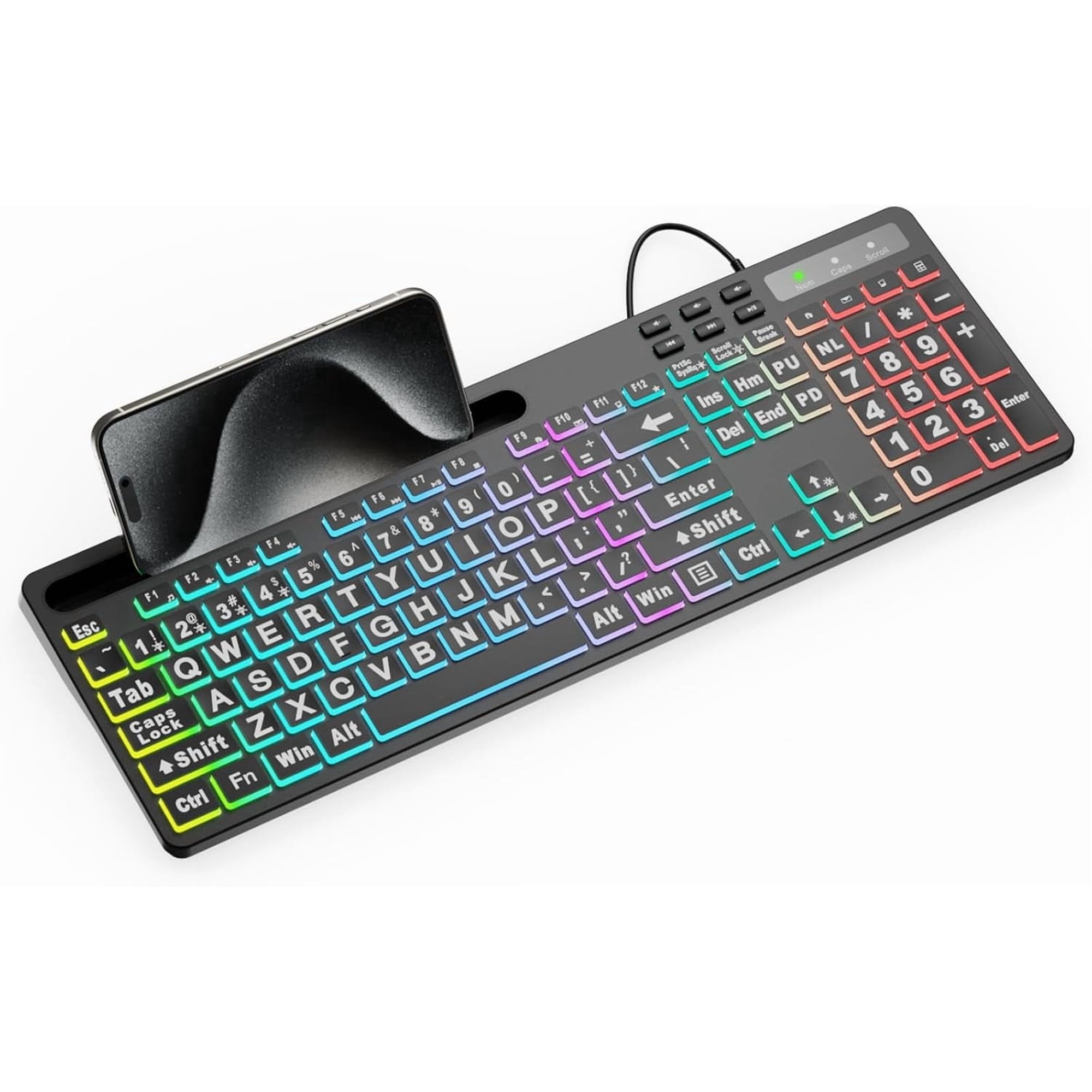 Wired Large Print Computer Keyboard, MARVO Backlit Keyboards with 7 Colors & 11 Modes Backlight, Tablet Phone Holder and Quiet Light Up Keys, Full-Size Gaming Keyboard for Windows, Mac