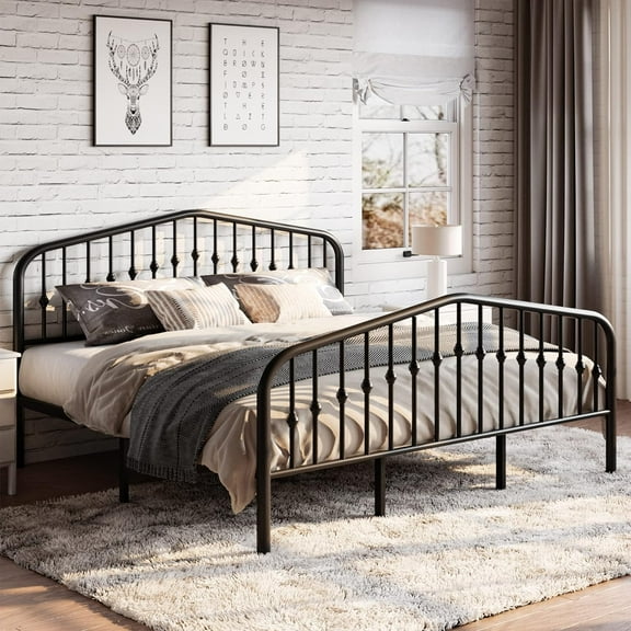 King Size Metal Platform Bed Frame with Victorian Style Wrought Iron-Art Headboard/Footboard, No Box Spring Required, Black