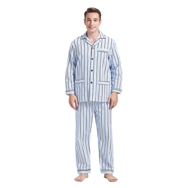 GLOBAL Conjuntos de Pijamas para Hombre, Ropa de Dormir de Franela 100% Algodón, Ropa de Dormir Superior E Inferior de Manga Larga, Rayas de Tejido Azul XL