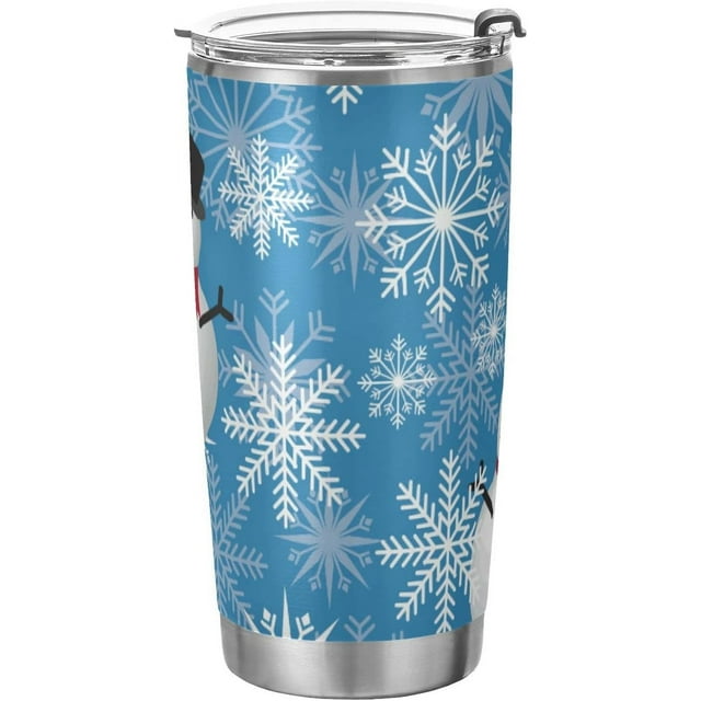 Gobelet de Noël Bleu Flocon de Neige Bonhomme de Neige Tasse à Café Isolée Récipient à Boissons Rentrée des Classes Bureau Voyage avec Paille et Couvercle 20oz Cadeau de Fête Nouvel An