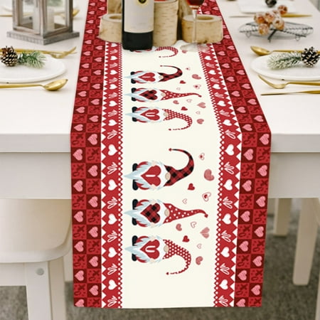 

Valentines Day Table Runner 13x70 Inch with Red Buffalo Plaid Happy Gnome Couple Lovers for Kitchen Table Decor Holiday Luxury Heart Love Cupid Burlap Cloth Dining Table Runner