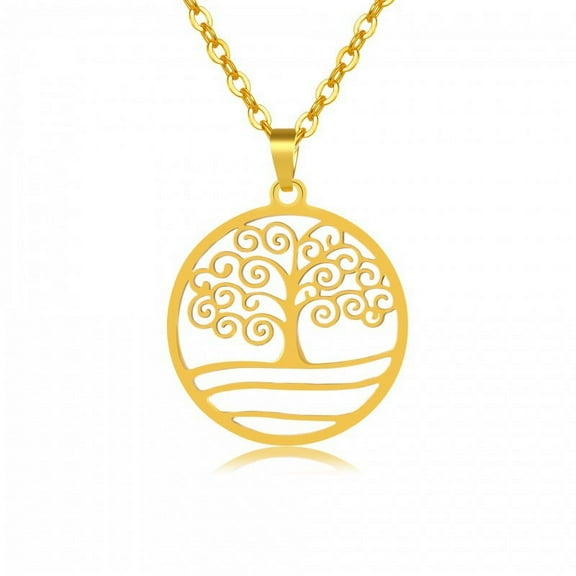 ERDOUY necklace pendant, handcrafted for men and women, simple circular hollow life tree stainless steel necklace collarbone chain (gold)