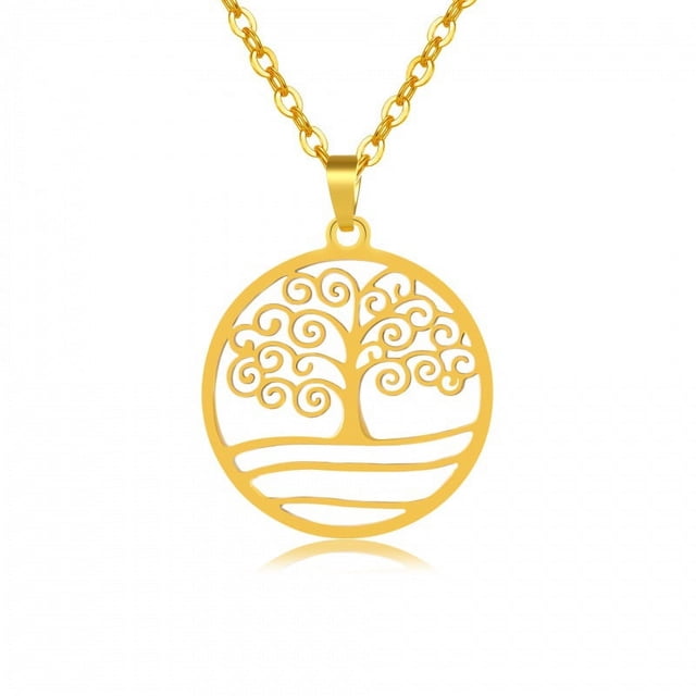 Zhuge Collar con colgante, hecho a mano para hombres y mujeres, collar de acero inoxidable con forma de árbol de la vida hueco circular simple, cadena de clavícula (oro)