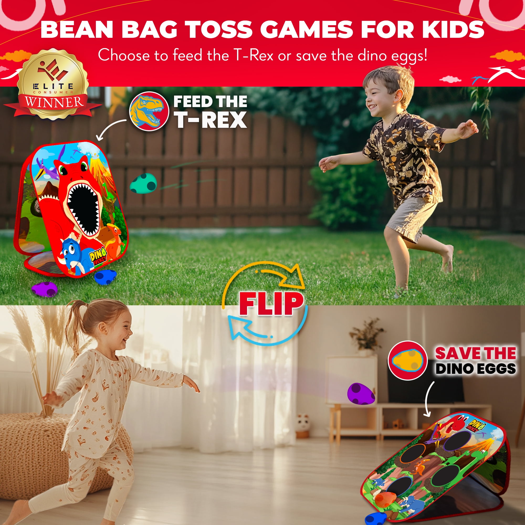 Swooc Games® - Dino Frenzy™ | 2-in-1 Corn Hole Games for Kids | 5-Second Setup | Dinosaur Bean Bag Toss Game for Kids | Kid Cornhole Game Set | Toddler Party Activity | Outside Bean Bags Kid Tossing
