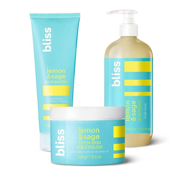 Bliss Lemon & Sage Trio: Jabón corporal exfoliante y mantequilla corporal de limón y salvia, hidratante y nutritivo para una piel suave y radiante