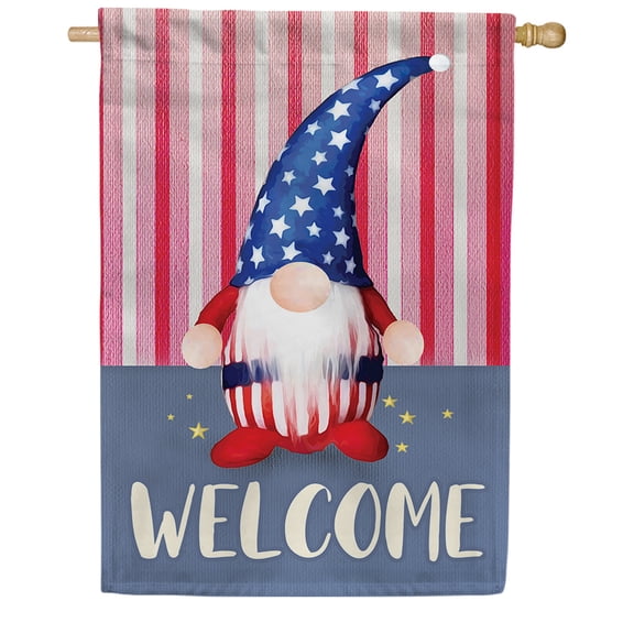 America Forever Welcome 4th of July Patriotic Gnome House Flag 28 x 40 inch Double Sided Stars and Stripes Uncle Sam USA Memorial Day Independence Yard Outdoor Decoration