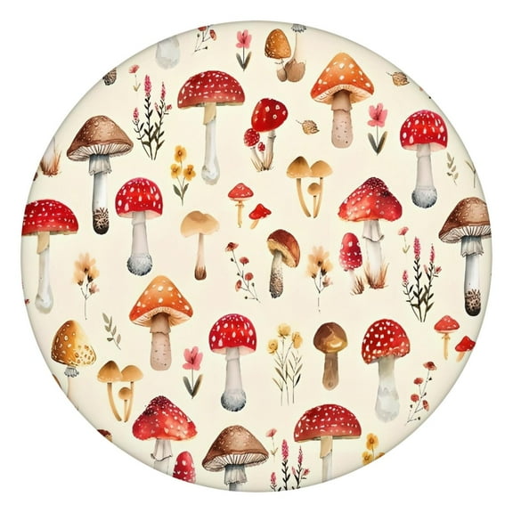 Red Mushroom Floral Light Beige Pattern Round Fitted Tablecloth with Elastic Edge,Dining Table Cover Waterproof,Outdoor Round Tablecloth for Camping,Dining,Indoor and Outdoor