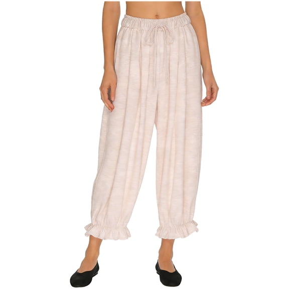 TSSOE Women Wide Leg Long Bloomers Pants Ruffle Elastic Waist Loose Fit Trousers Suitable for Office & Parties White S