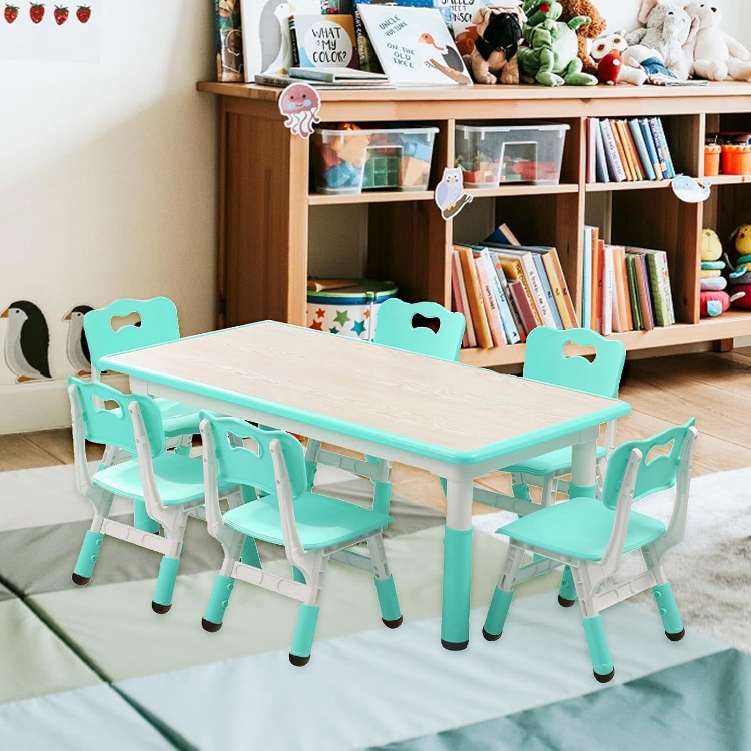 COZONY Adjustable Kids Table and 6 Chairs Set, Toddler Play Activity Table Set with Graffiti Desktop for Reading, Drawing, Eating, Studying, Aged for 2-10, Lake Blue