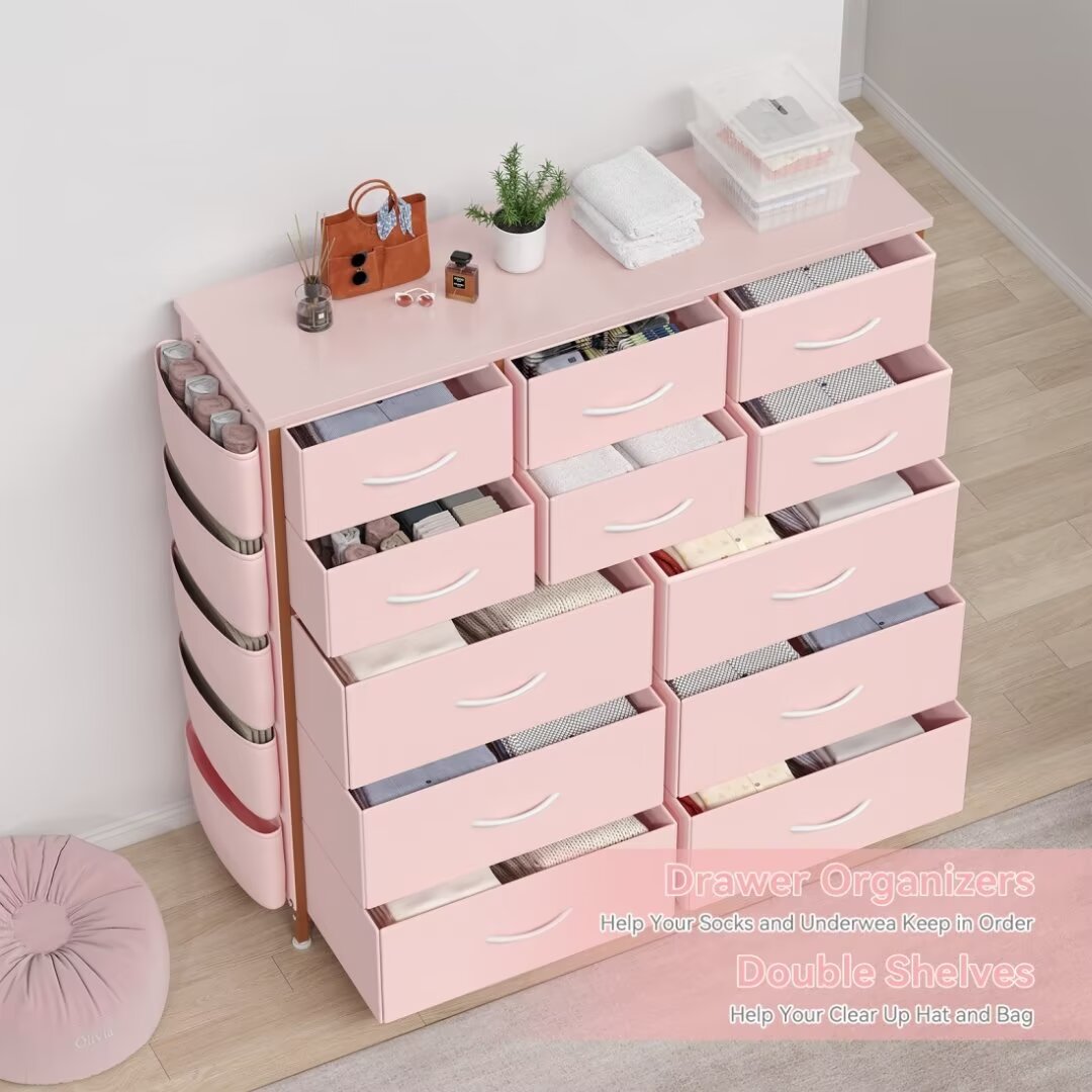Dresser for Bedroom with 12 Drawers, Wide Fabric Dressers of Drawers with Side Pockets, Chest of Drawers for Living Room, Closet, Hallway, Pink