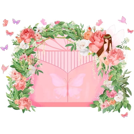 Flower Door Theme PVC Wall Stickers 45.7 x 15.7 Inch Pink Bouquet Arch Wall Decal Butterfly Fairy Wall Decor for Living Room Bed Room Decoration DIY Wall Art Mural