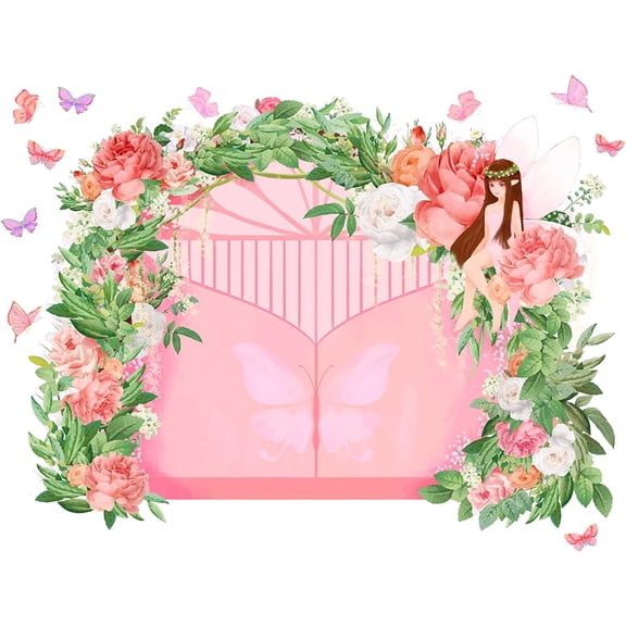 Flower Door Theme PVC Wall Stickers 45.7 x 15.7 Inch Pink Bouquet Arch Wall Decal Butterfly Fairy Wall Decor for Living Room Bed Room Decoration DIY Wall Art Mural