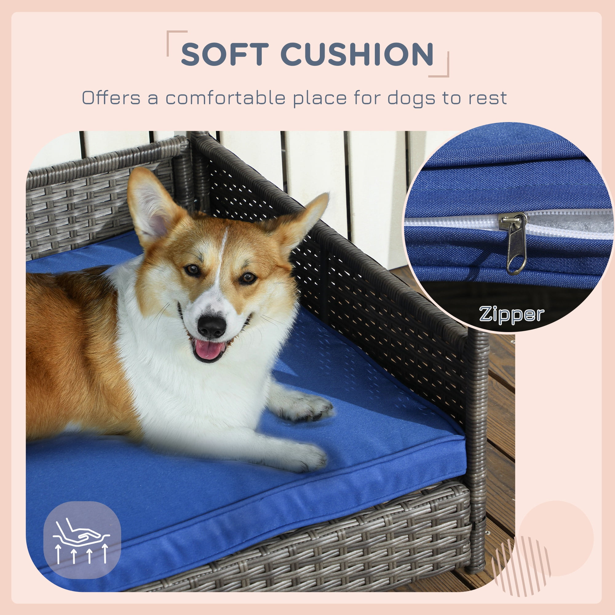 PawHut Wicker Dog House Elevated Raised Rattan Bed for Indoor/Outdoor with Removable Cushion Lounge, Navy Blue