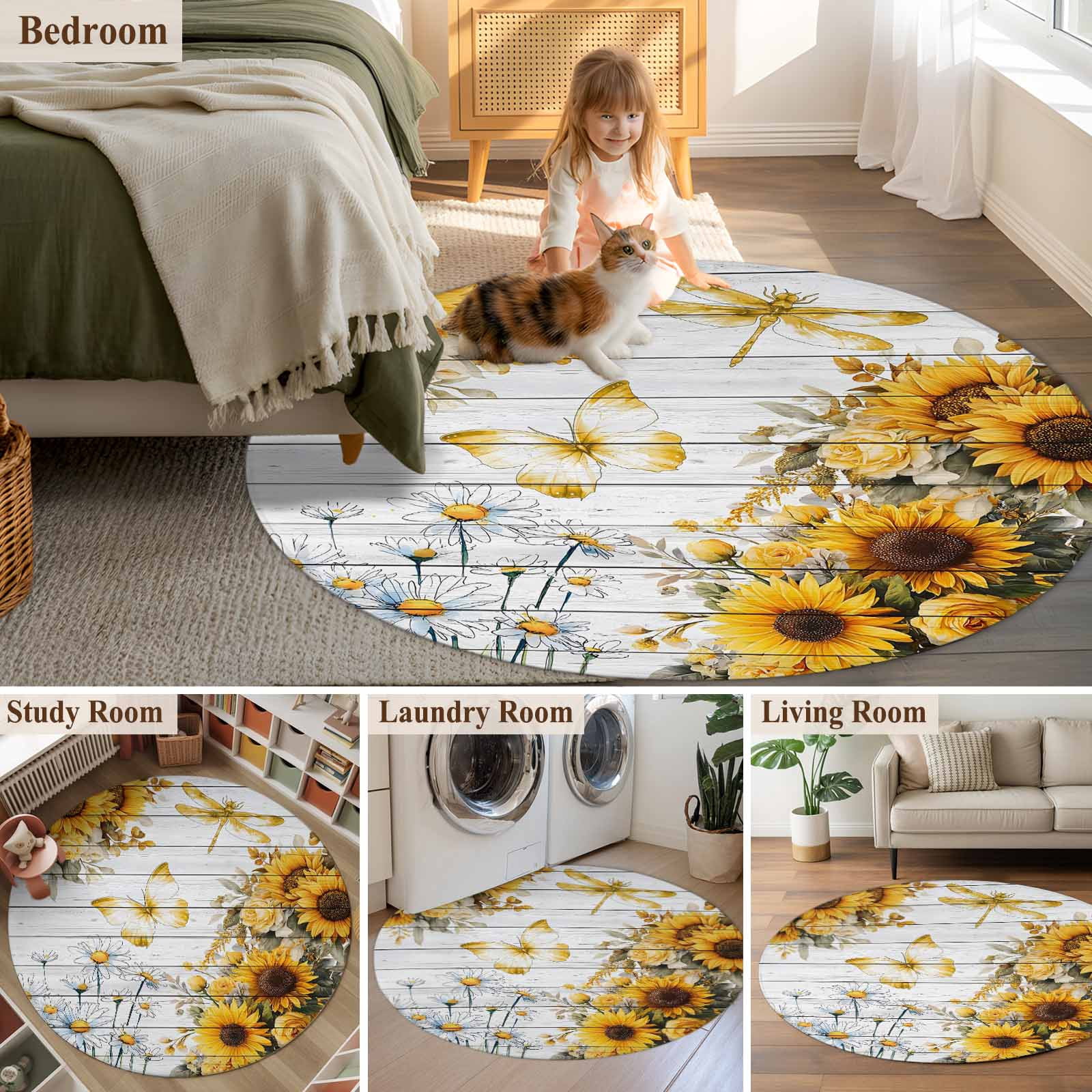 Round Rug 7Ft Washable Non-Slip, Farmhouse Sunflower Circle Area Rugs for Living Room Bedroom, Vintage Daisy Butterflies Gray Wood Indoor Floor Mats Carpet Runner for Home Decor Aesthetic