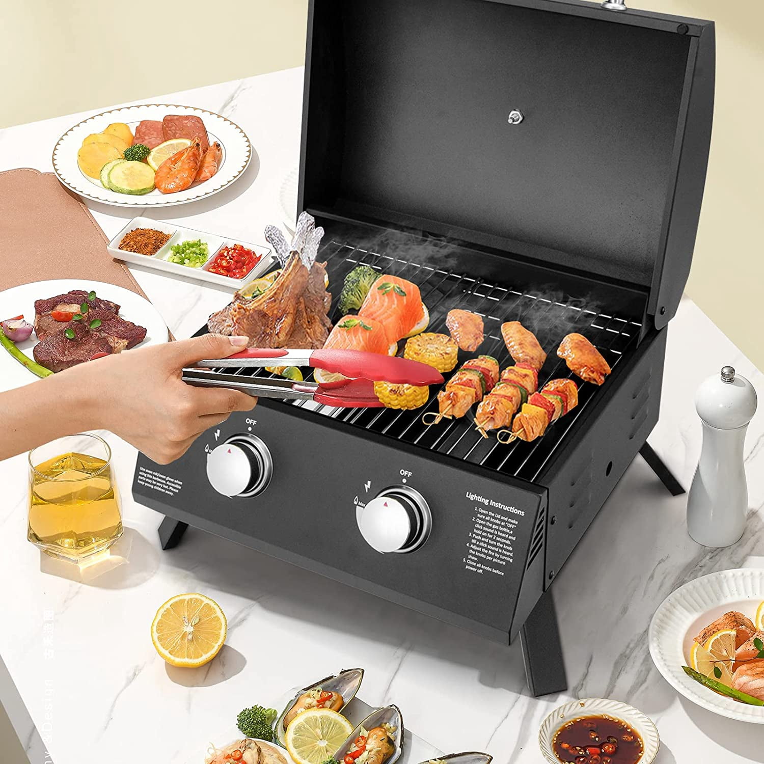 Vebreda 2 Burner Portable Gas Grill Stainless Steel Propane Grill, Black Camping Grill