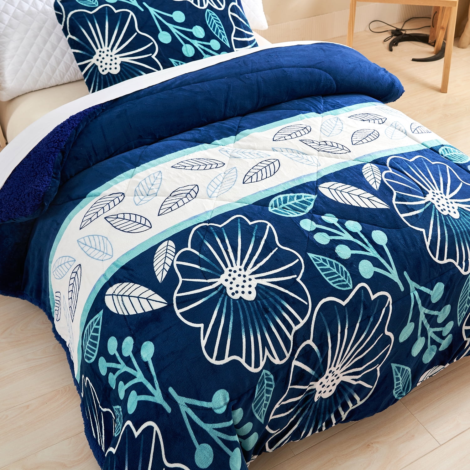 NC Sherpa Blanket White, Blue, Multi-color Polyester Reversible Bed Blankets Twin (Count 2)
