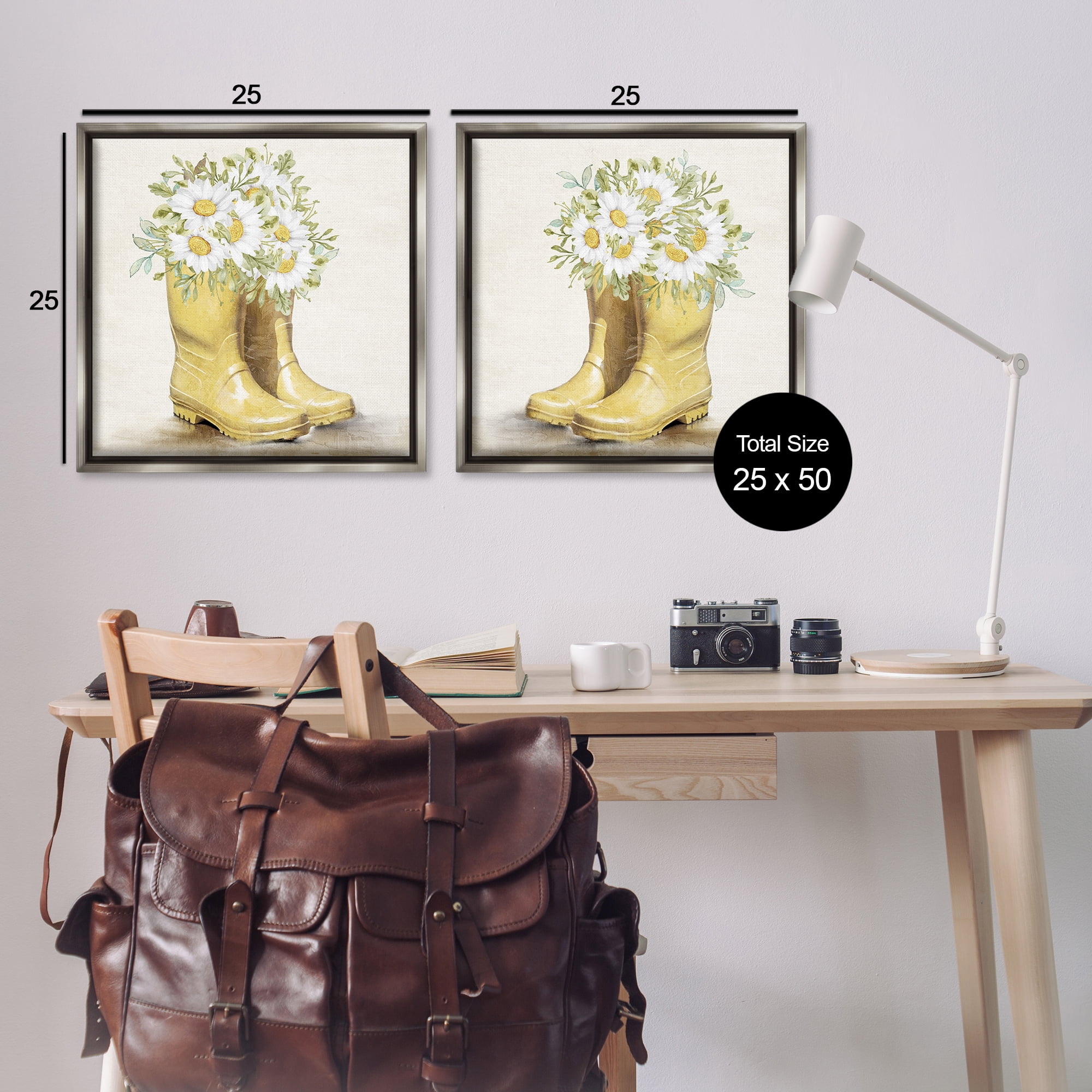 Stupell Industries Yellow Garden Boots Daisies Plants & Flowers Painting Gray Floater Framed Canvas Art Print Wall Art, 25 x 25, Set of 2