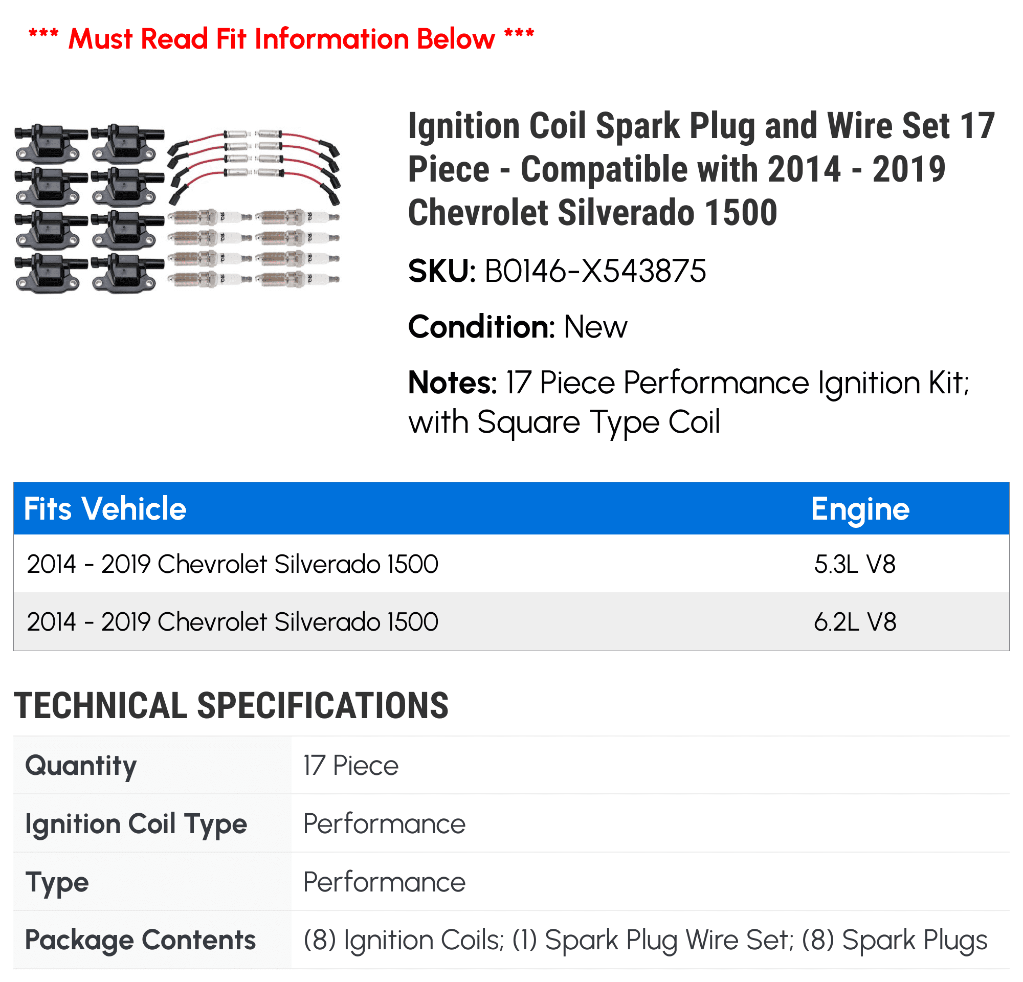 Ignition Coil Spark Plug and Wire Set 17 Piece - Compatible with 2014 - 2019 Chevy Silverado 1500 2015 2016 2017 2018