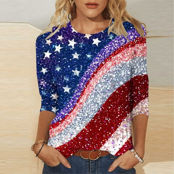 Cavosen 4th of July Clothes Women Petite Patriotic 3/4 Sleeve Round Neck Tops American Flag Print T Shirts Lady XL Independence Day Casual Tops Funny 4th of July Tunic Tees 2025 Patriotic Clothes