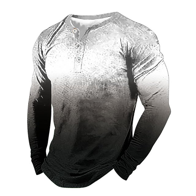 IDALL Long Sleeve Shirts for Men Button Down Shirt Men Mens Shirts Men's Long Sleeved Three Button T Shirt 3D Gradient Printed Pullover T Shirt Work Shirts for Men Gray S
