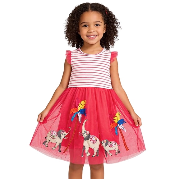 Girls Tulle Dress with Elephant Applique, Ruffle Sleeve Party Dress for Birthday Easter, Red & Pink Tutu Dress, Sizes 2T-10,Size 2 T