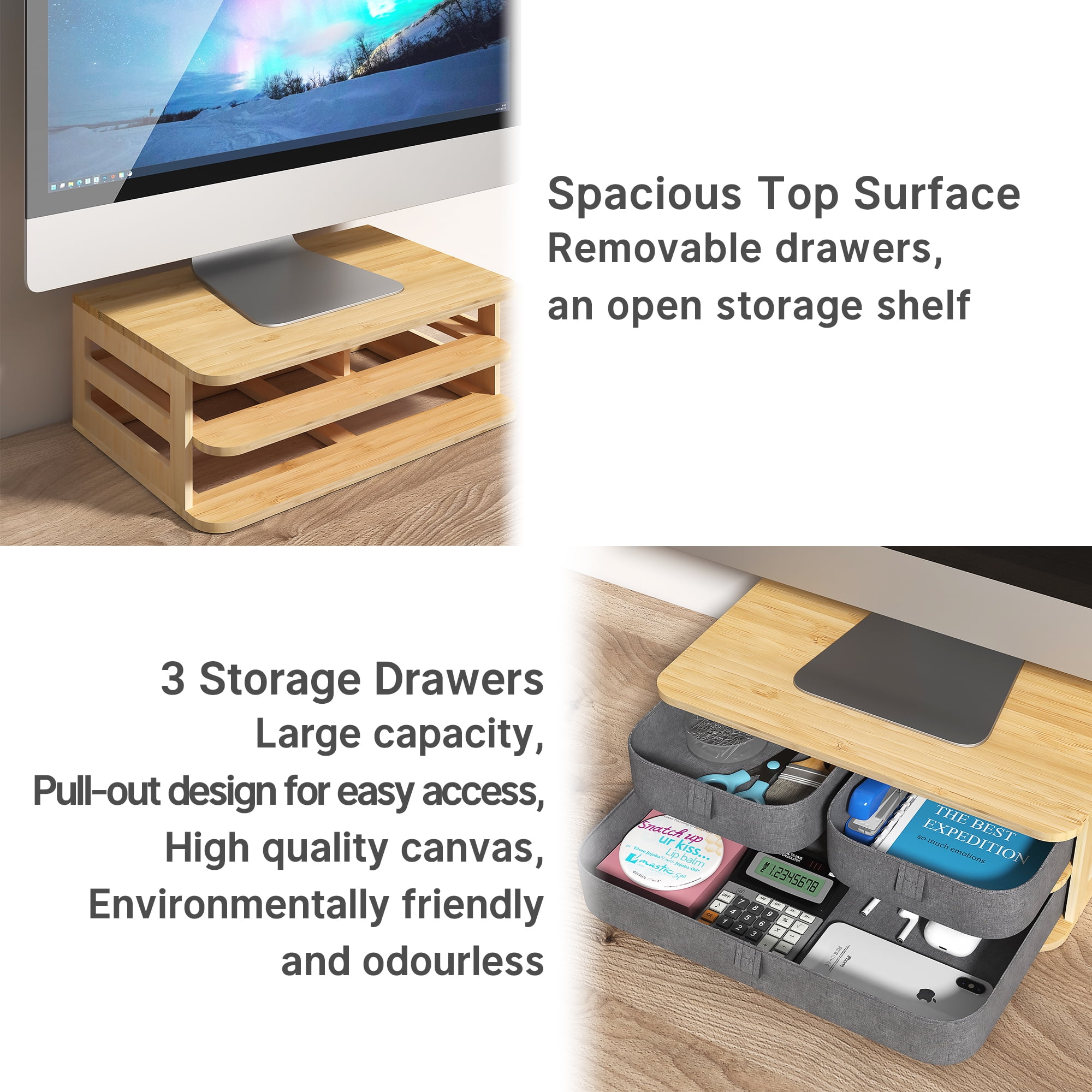 Office for Monitor PC, Storage Bamboo Desk Organizer Stand Accessories Storage Supplies Riser with & Drawers, Bemico TV, Printer, with