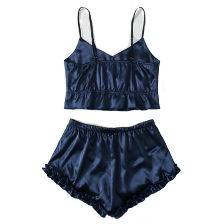 

Womens Pajama Sets Frill Spaghetti Strap Sleepwear Navy Blue M