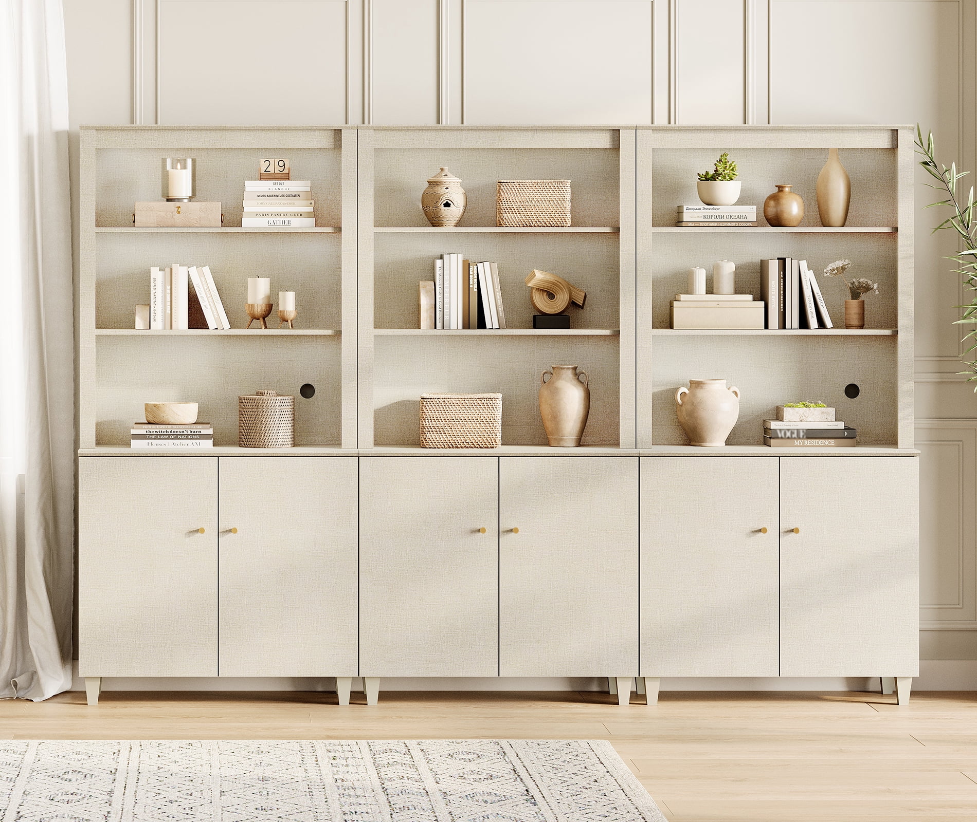 Modern 71" Tall Bookcase with Cabinets, 3 Columns 5-Tier for Home Office,Beige Linen Printed