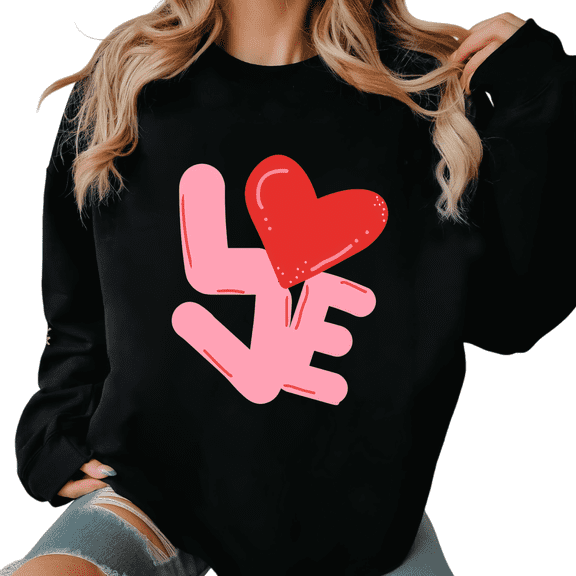 Women's Love Graphic Comfortable Sweatshirt Top Breathable Round-neck long-sleeved Black S-3XL