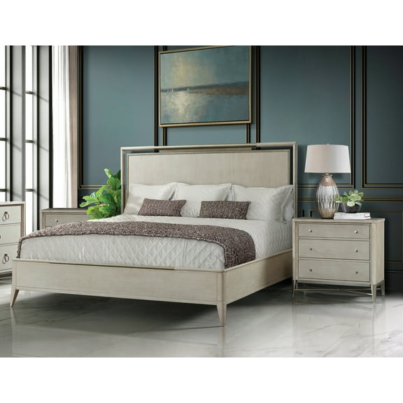 Roundhill Furniture Mantalia 3-Piece Solid Wood Bedroom Set with Metal Frame, Queen Bed with 2 Nightstands, Champagne