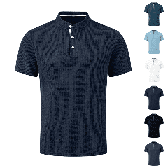 Collarless Golf Shirts for Men Summer Waffle Knit Short Sleeve 3 Button Collarless Performance Shirts Moisture Wicking For Casual Daily Wear Navy 3XL