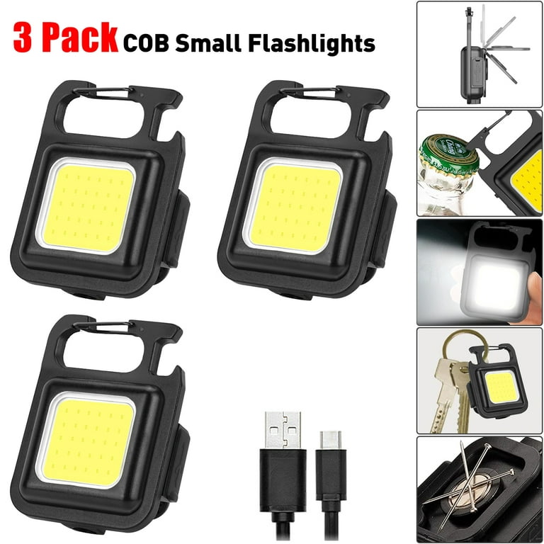 Vastfire 3 Pack COB Small Flashlights 800Lumens Bright Rechargeable Keychain Mini Flashlight Portable Pocket Light with Folding Bracket Bottle Opener
