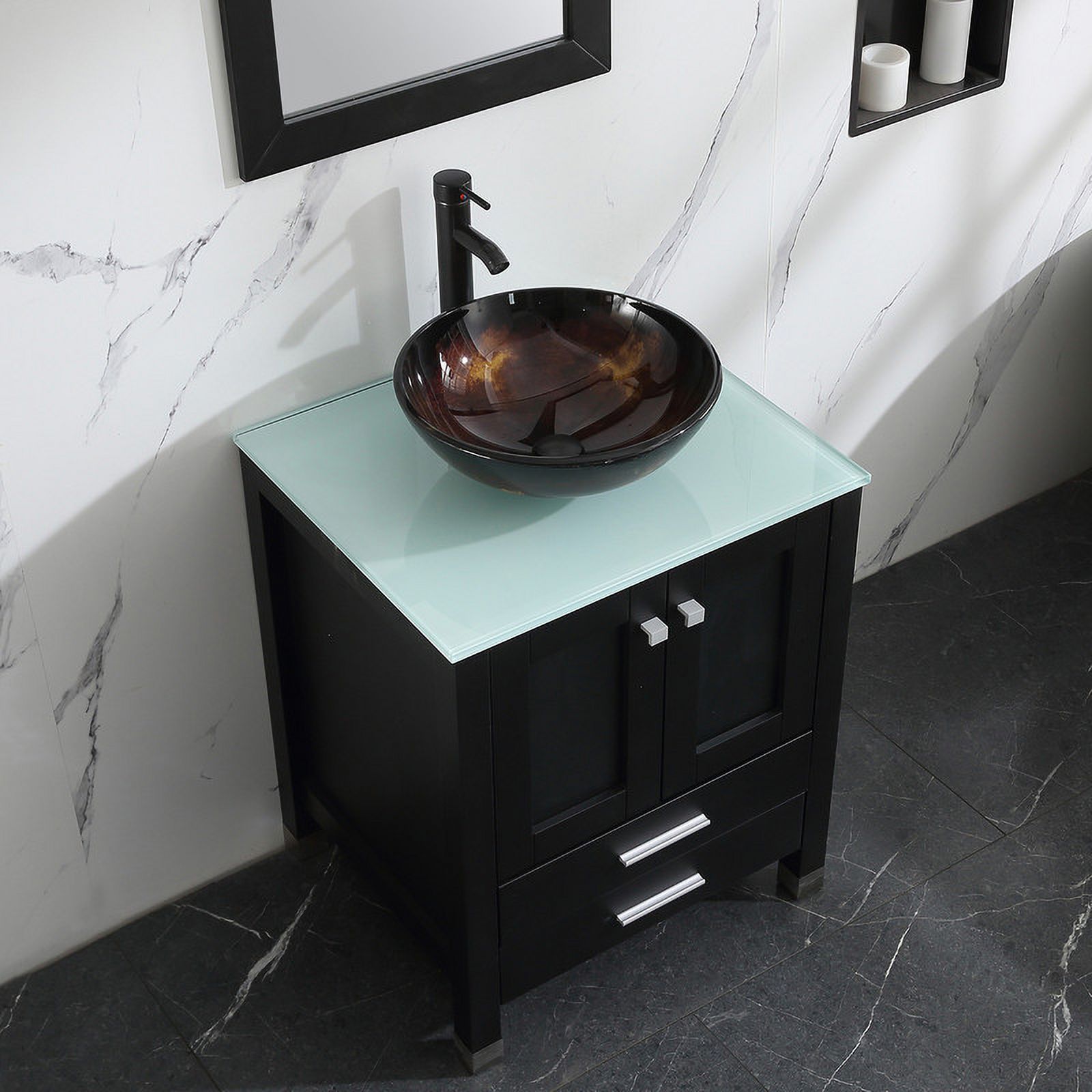 Walsport 24" Luxurious Wood Bathroom Vanity Cabinet Round Tempered Glass Vessel Sink Bowl ORB Faucet Drain Combo Design with Mirror Modern Vanities Set,Black