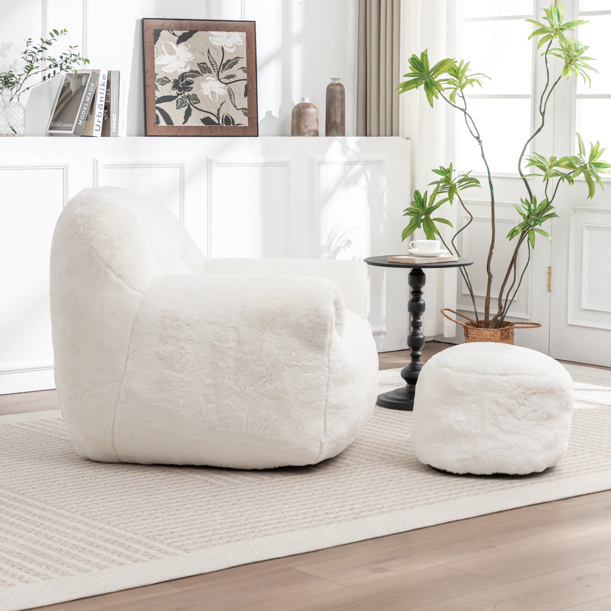 Bean Bag Chair, Comfy Bean Bag Sofa with Back Support, With Footstool,Faux Fur Bean Bag Chair for Adults and Kids, Stuffed Floor Sofa for Living Room, Bedroom, Apartment, White