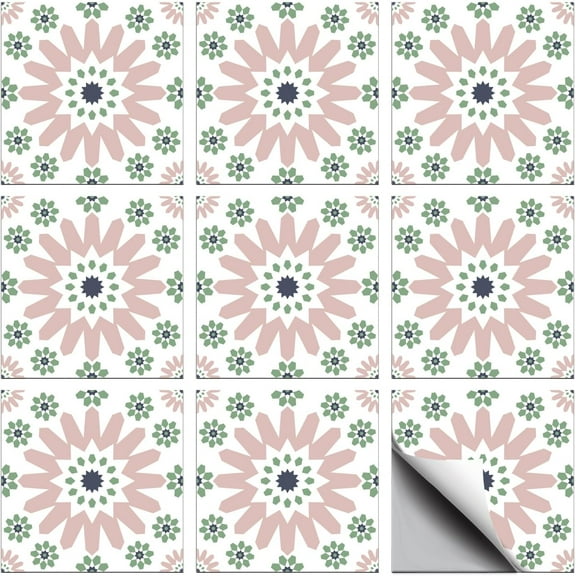 36 Pcs Pink and Green Patten Tile Sticker Geometric Flower Shapes Peel and Stick Wall Stickers Waterproof Self Adhesive Stick on Tile Decals for Kitchen Bathroom Wall Art Decor 4×4 Inch