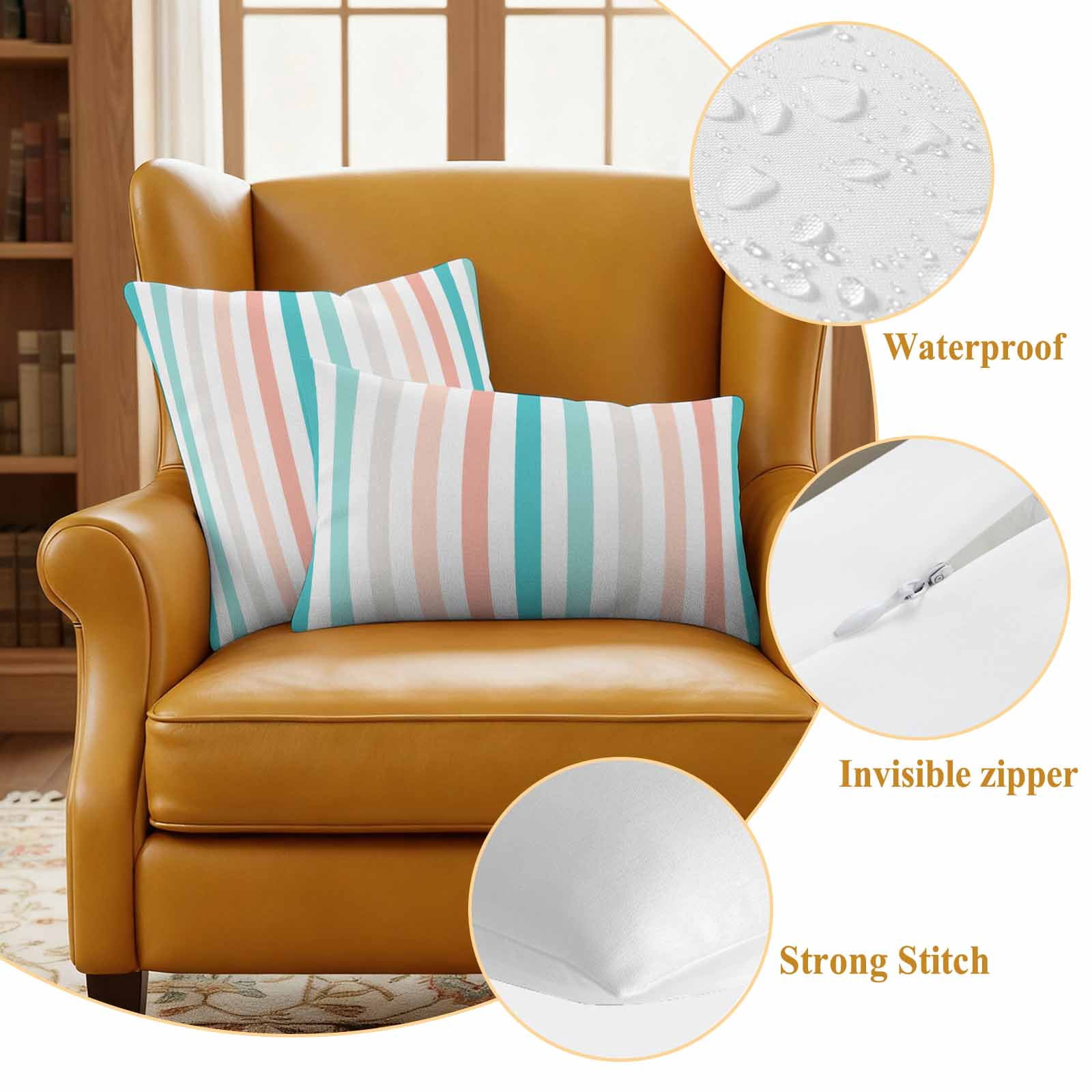Aqua Teal Stripe Outdoor Waterproof Pillow Covers, Geometric Grey White Vertical Striped Decorative Square Throw Pillowcase Sofa Cushion Sham for Patio/Couch/Chair, 18"x18" 2 Pack