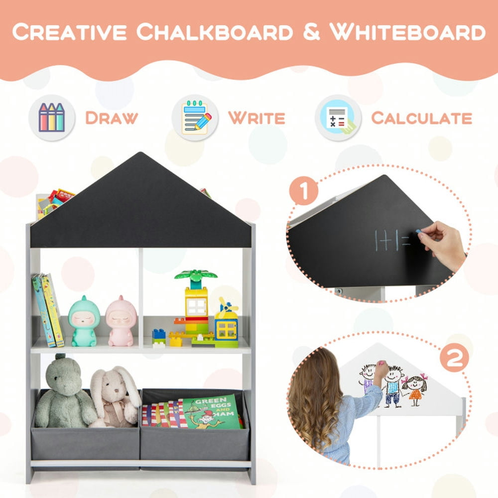 Topcobe Playhouse Kids Bookshelf with Chalkboard and Whiteboard for 3-6 Years, Kids Furniture for Living Room Bedroom-Gray