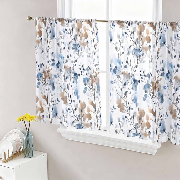 Blue Brown Spring Floral Sheer Curtains 45 Inch Length 2 Panels Set, Summer Botanical Art Voile Window Treatment Rod Pocket Small Kitchen Curtains Drapes for Bedroom 52"x45"x2