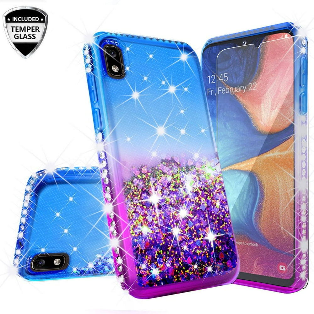 Galaxy A10e Case w/Tempered Glass Screen Protector Liquid Quicksand Glitter Cute Bling Girls