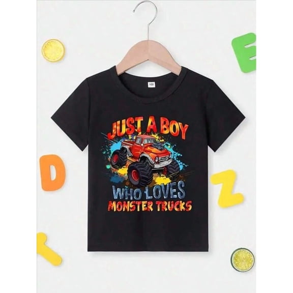 children’s wear Retro Red Monster Truck Graphic T-Shirt for Boys, Cute Kids Black Short Sleeve Tee, Funny Toddler Boy Casual Summer Top