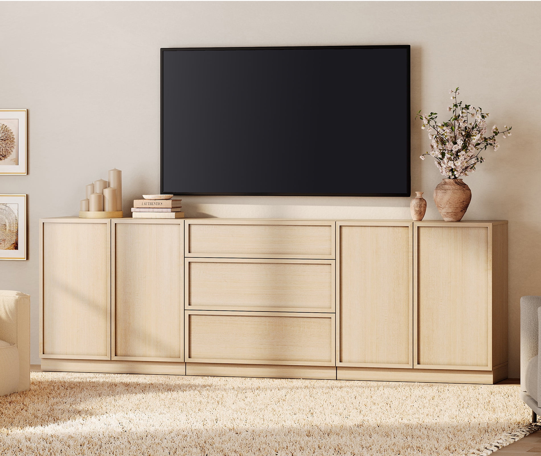 WAMPAT Modern TV Stand for TVs Up to 110", 4-in-1 Entertainment Center TV Console with 8 Doors and Adjustable Shelf, Wooden Media Console Cabinet for Living Room, Bedroom, Beige