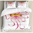 thumbnail image 1 of Engagement Party Queen Size Duvet Cover Set, A Pair of Wedding Rings on Silky Bow Tie Figure, Decorative 3 Piece Bedding Set with 2 Pillow Shams, Magenta Baby Pink and Earth Yellow, by Ambesonne, 1 of 3