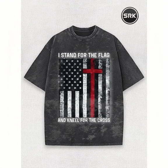 American Flag Red Cross I Stand For The Flag And Kneel For The Cross Vintage Oversized Washed High Street Grunge Y2K Short Sleeve Crewneck Cotton Unisex Men's Women's Tee Shirt